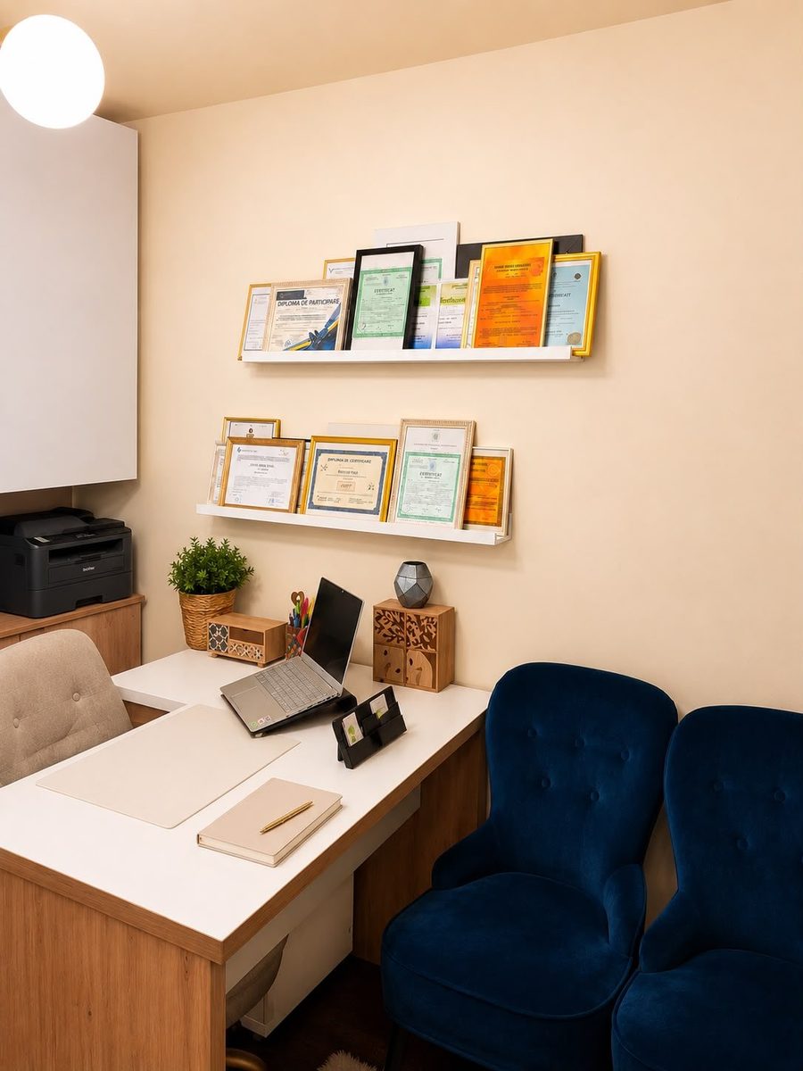 Birou de consultații cu două fotolii albastre și diplomele terapeutului pe perete